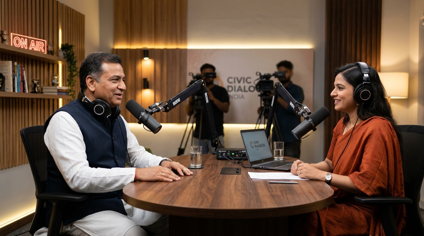 Indian political representative and podcast host in broadcast civic dialogue studio with boom microphones and multi-cam setup